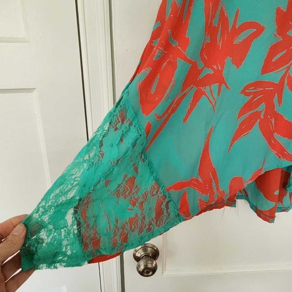 Vibrant Orange and Aqua Floral Short Dress Or Long Top - Picture 3 of 4